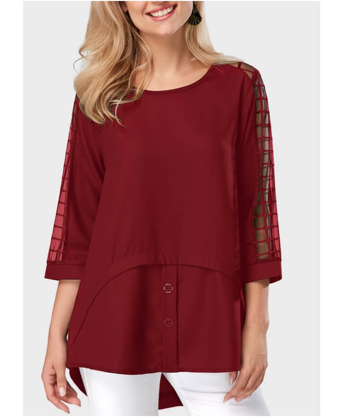 Asymmetric Hem Round Neck Mesh Panel Burgundy Blouse